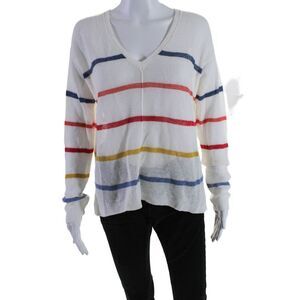 Designer Womens White Multi Striped V-neck Long Sleeve Sweater Top Size S